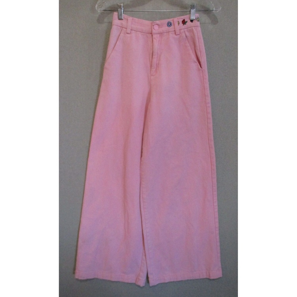 Lazy Oaf Size 24in Pink Denim Jeans Wide Leg Embroidery Casual High Rise Crop